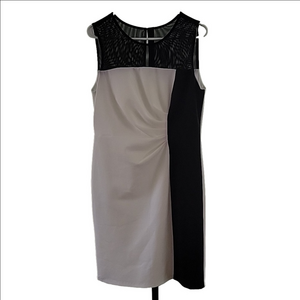 Sandra Darren Black & White Sheath Dress Mesh Yoke Ruched Front Size 10